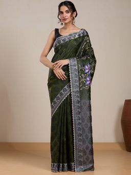 Vervee Couture - Olive Green Woven Silk Blend Saree and Unstitched Blouse