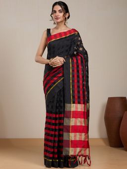 Vervee Couture - Black Red Checked Silk Blend Saree and Unstitched Blouse