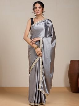 Vervee Couture - Grey Satin Solid Saree with Unstitched Blouse