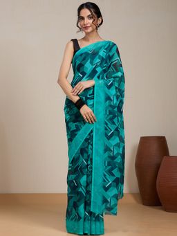 Vervee Couture - Blue Geometric Printed Poly Georgette Saree and Unstitched Blouse