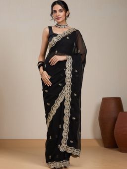 Vervee Couture - Black Floral Embroidered Saree and Unstitched Blouse