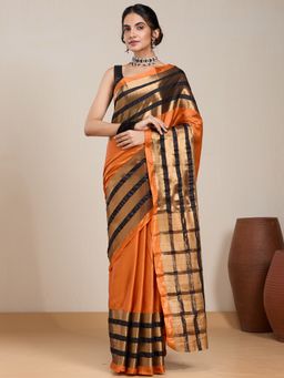 Vervee Couture - Orange Striped Silk Blend Saree and Unstitched Blouse