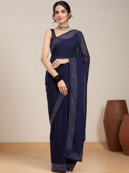 Vervee Couture - Navy Blue Solid Poly Georgette Saree and Unstitched Blouse