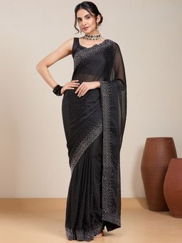 Vervee Couture - Black Embellished Poly Georgette Saree and Unstitched Blouse