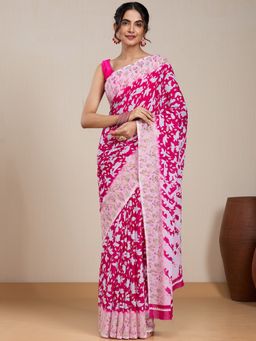 Vervee Couture - Pink Floral Printed Poly Georgette Saree and Unstitched Blouse