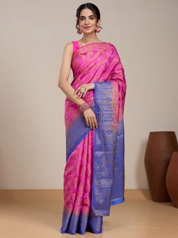 Vervee Couture - Pink Floral Woven Silk Blend Saree with Unstitched Blouse