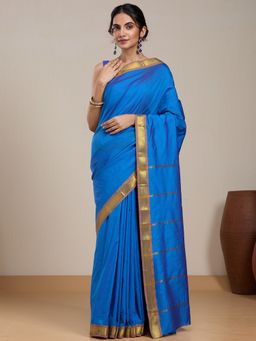 Vervee Couture - Blue Silk Blend Saree with Zari Border and Unstitched Blouse