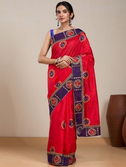 Vervee Couture - Red Embroidered Silk Blend Saree with Unstitched Blouse
