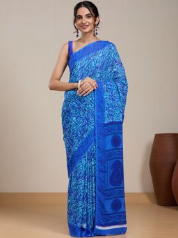 Vervee Couture - Blue Abstract Printed Poly Georgette Saree and Unstitched Blouse