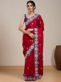 Vervee Couture - Red Embroidered Silk Blend Saree with Unstitched Blouse