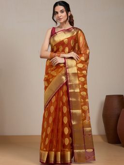 Vervee Couture - Orange Floral Woven Silk Blend Saree with Unstitched Blouse