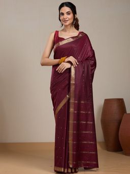Vervee Couture - Maroon Woven Silk Blend Saree with Unstitched Blouse