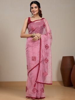 Vervee Couture - Pink Embroidered Silk Blend Saree with Unstitched Blouse