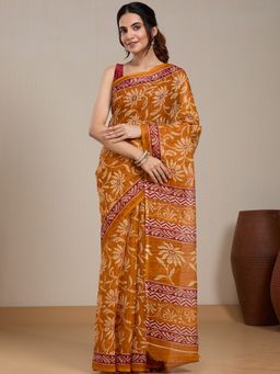 Vervee Couture - Mustard Floral Printed Silk Blend Saree with Unstitched Blouse