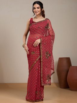 Vervee Couture - Red Embellished Poly Georgette Saree with Unstitched Blouse