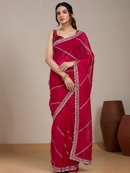 Vervee Couture - Red Embroidered Poly Georgette Saree with Unstitched Blouse