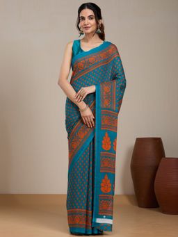 Vervee Couture - Teal Floral Printed Georgette Saree with Unstitched Blouse