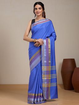 Vervee Couture - Blue Silk Blend Saree with Striped Border and Unstitched Blouse