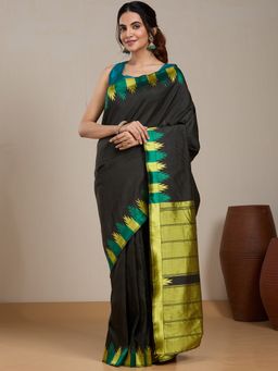 Vervee Couture - Black Silk Blend Saree with Woven Border and Unstitched Blouse