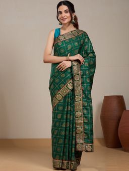 Vervee Couture - Green Silk Blend Bandhani Printed Saree with Unstitched Blouse