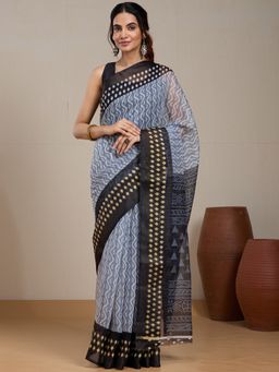 Vervee Couture - Grey Printed Silk Blend Saree and Unstitched Blouse