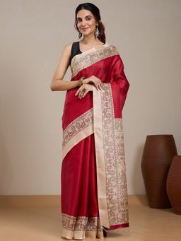 Vervee Couture - Red Silk Blend Saree with Printed Pallu and Unstitched Blouse