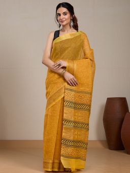 Vervee Couture - Yellow Floral Printed Silk Blend Saree with Unstitched Blouse
