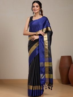 Vervee Couture - Navy Blue Silk Blend Saree with Unstitched Blouse