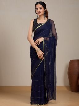 Vervee Couture - Navy Blue Embellished Saree with Unstitched Blouse