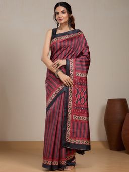 Vervee Couture - Red Geometric Print Silk Blend Saree with Unstitched Blouse