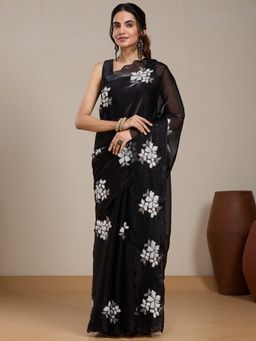 Vervee Couture - Black Floral Embellished Silk Blend Saree and Unstitched Blouse