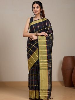 Vervee Couture - Black Checked Silk Blend Saree and Unstitched Blouse