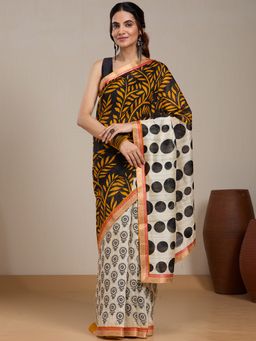 Vervee Couture - Mustard Floral Printed Georgette Saree and Unstitched Blouse