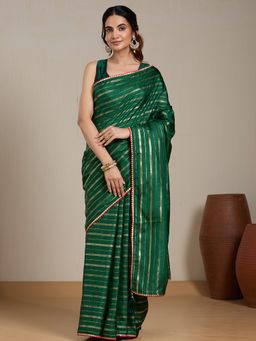 Vervee Couture - Emerald Green Striped Silk Blend Saree and Unstitched Blouse