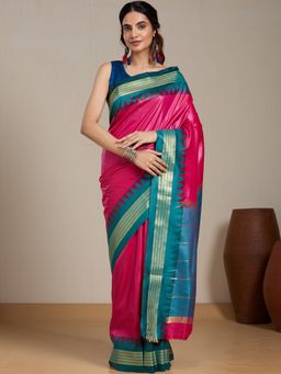 Vervee Couture - Pink Woven Silk Blend Saree and Unstitched Blouse