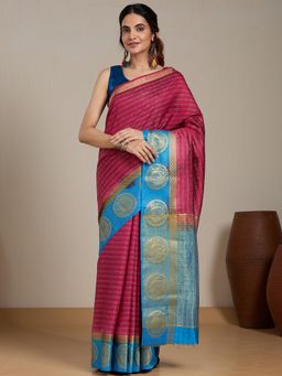 Vervee Couture - Pink Woven Silk Blend Saree and Unstitched Blouse
