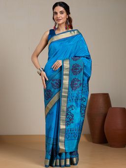 Vervee Couture - Blue Printed Silk Blend Saree and Unstitched Blouse
