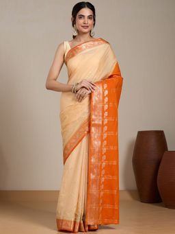 Vervee Couture - Beige Orange Woven Silk Blend Saree and Unstitched Blouse