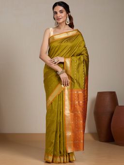 Vervee Couture - Olive Green Woven Silk Blend Saree and Unstitched Blouse