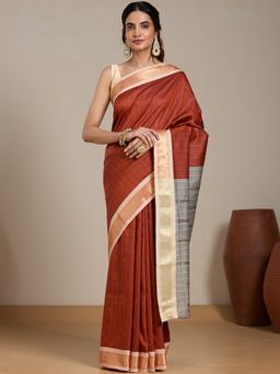 Vervee Couture - Rust Checks Printed Silk Blend Saree and Unstitched Blouse
