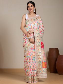 Vervee Couture - Cream Floral Woven Silk Blend Saree and Unstitched Blouse