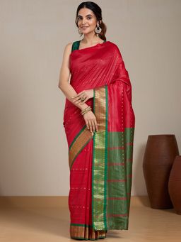 Vervee Couture - Red Stripes Woven Silk Blend Saree and Unstitched Blouse