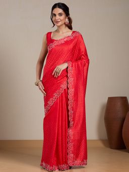 Vervee Couture - Red Poly Georgette Embellished Saree and Unstitched Blouse