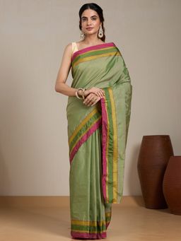 Vervee Couture - Green Silk Blend Saree with Zari Border and Unstitched Blouse