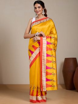 Vervee Couture - Yellow Printed Silk Blend Saree with Unstitched Blouse