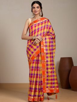 Vervee Couture - Yellow Checked Silk Blend Zari Saree with Unstitched Blouse