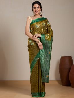 Vervee Couture - Olive Floral Woven Silk Blend Saree with Unstitched Blouse