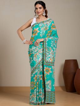 Vervee Couture - Turquoise Floral Printed Poly Georgette Saree and Unstitched Blouse
