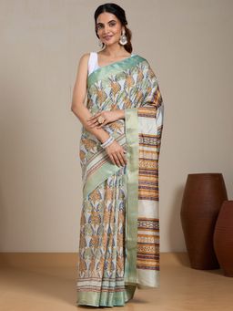 Vervee Couture - Cream Floral Printed Silk Blend Saree with Unstitched Blouse