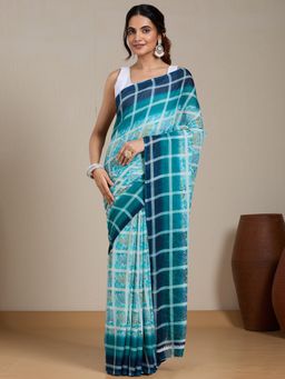 Vervee Couture - Blue Checked Printed Poly Georgette Saree and Unstitched Blouse